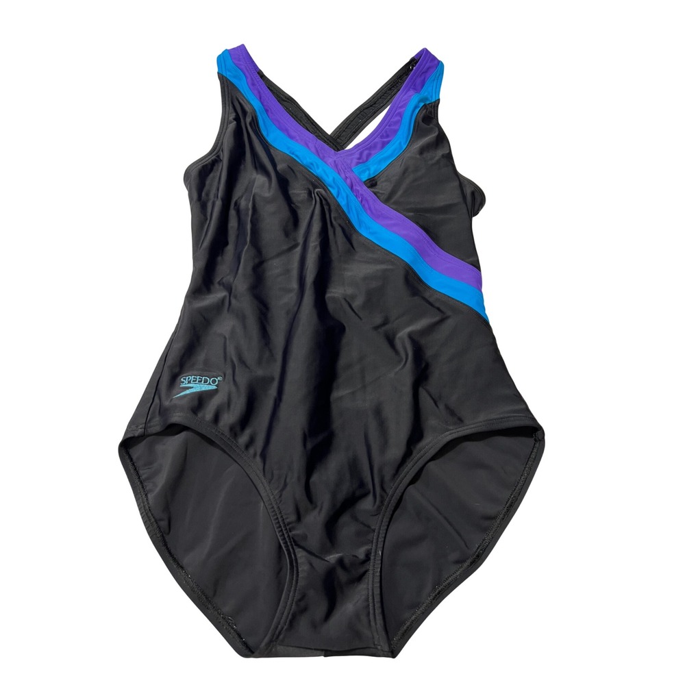 Speedo‎ Womens One Piece Swimsuit Size 14 Black Purple Turquoise Crossback